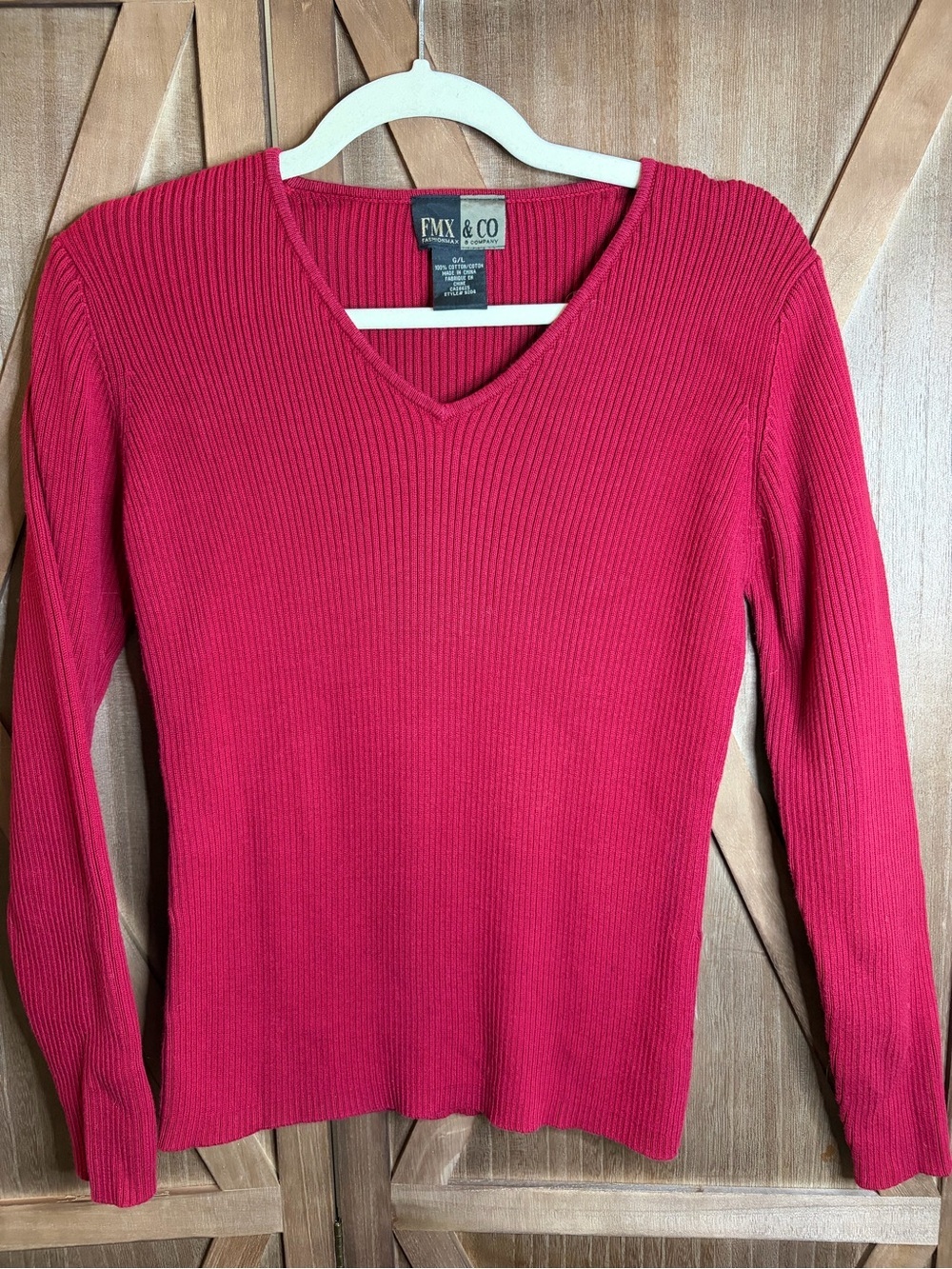 FMX & CO Vintage Red 100% Cotton Ribbed V-Neck Long Sleeve Top SIZE LARGE